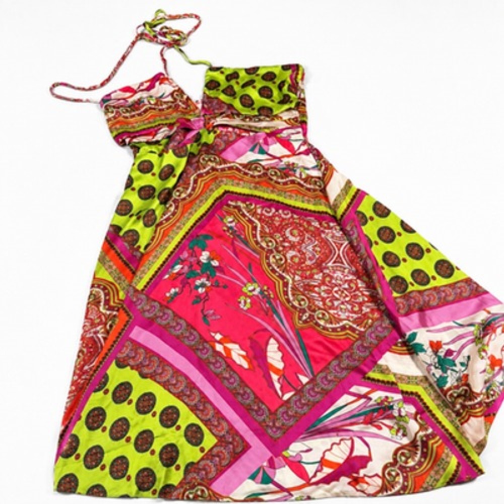 Dress Womens S Multicolor Paisley Satin Halter Maxi Sundress Boho Floral Summer